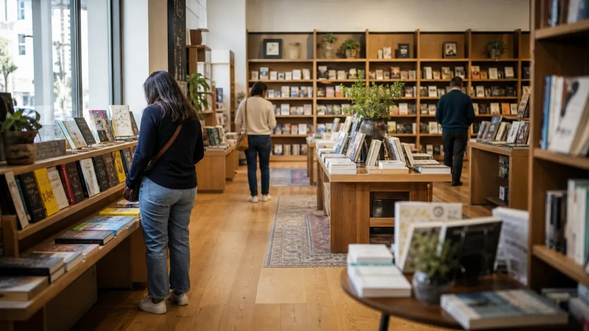 A warm contemporary bookstore with wood shelves, display tables and customers browsing