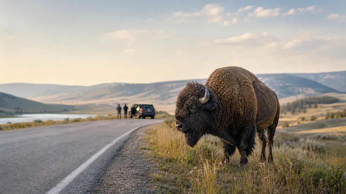 A Yellowstone bison standing near a park road while visitors watch from a safe distance beside their vehicle