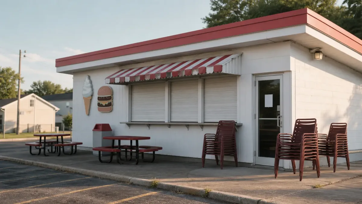A generic soft-serve restaurant with its service windows closed and chairs stacked outside