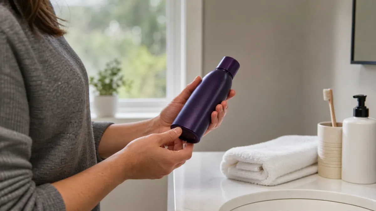 A person checking the bottom of a generic purple shampoo bottle in a bathroom
