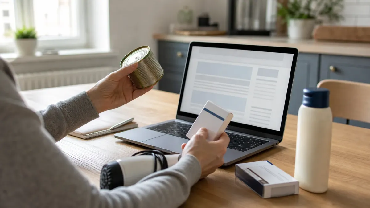 A person comparing several generic household products with an online recall notice