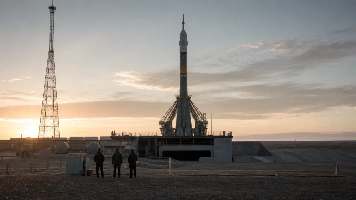 Editorial illustration of a crew rocket on a launch pad at dawn with three distant figures