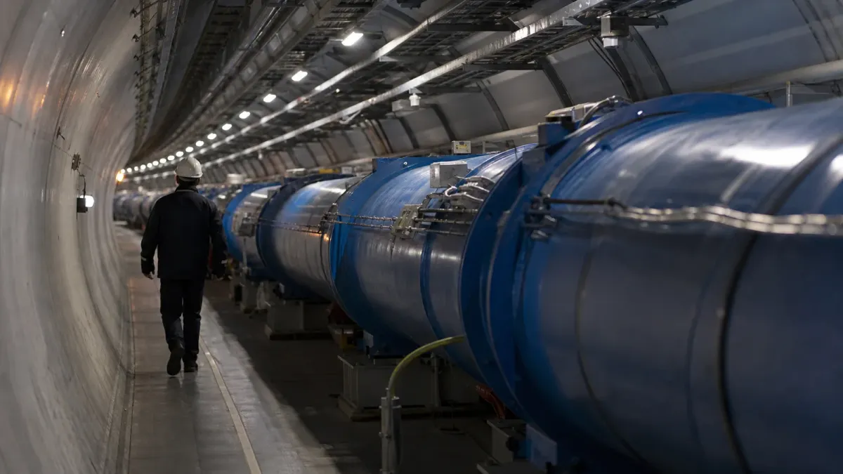 Editorial illustration of an engineer walking beside blue particle accelerator magnets in an underground tunnel
