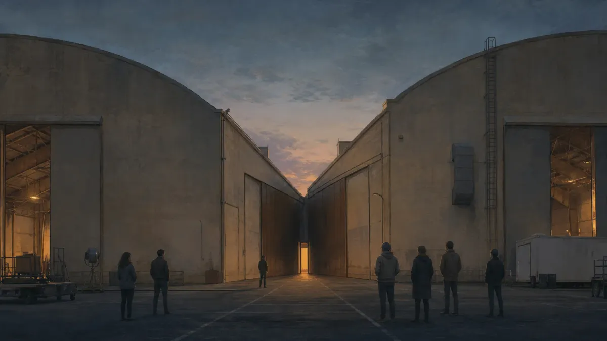 Editorial illustration of film workers facing two studio buildings that converge into one narrow entrance