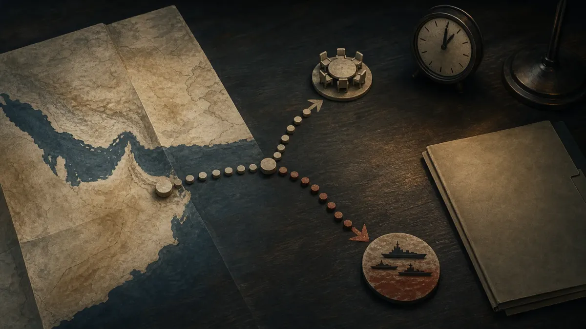Editorial illustration of a Gulf map with paths leading toward diplomacy and naval conflict