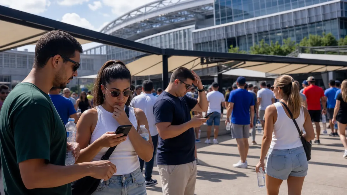 Soccer fans outside a modern stadium checking phones and carrying water on a hot summer day