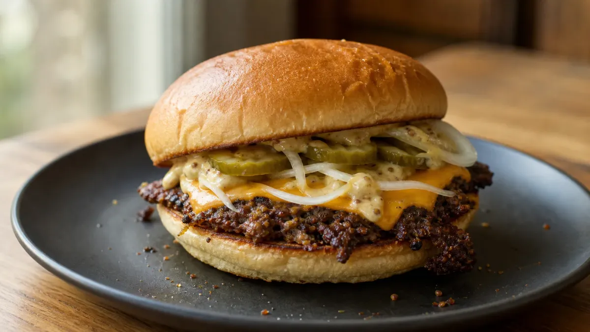 Mustard-crusted cheeseburger with dill pickles and thinly sliced onion on a toasted bun