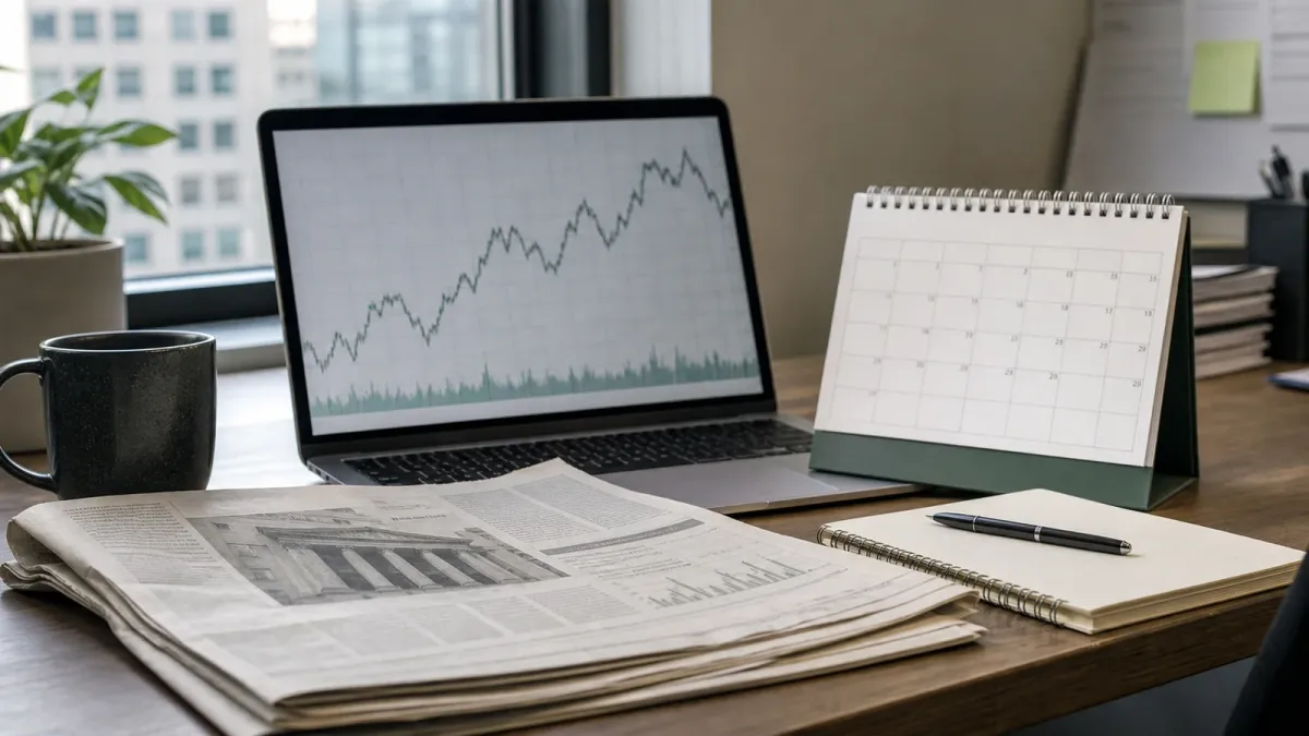 Laptop with an abstract market chart beside a desk calendar and financial newspaper