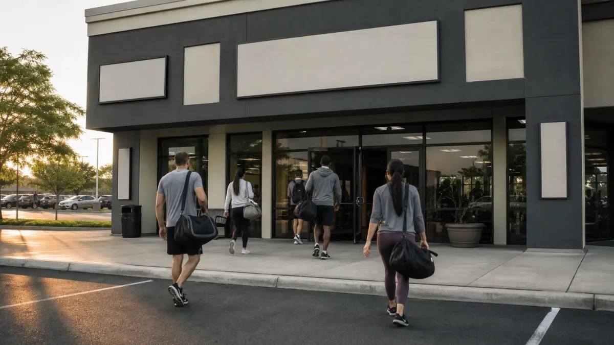 People carrying gym bags into a generic fitness center