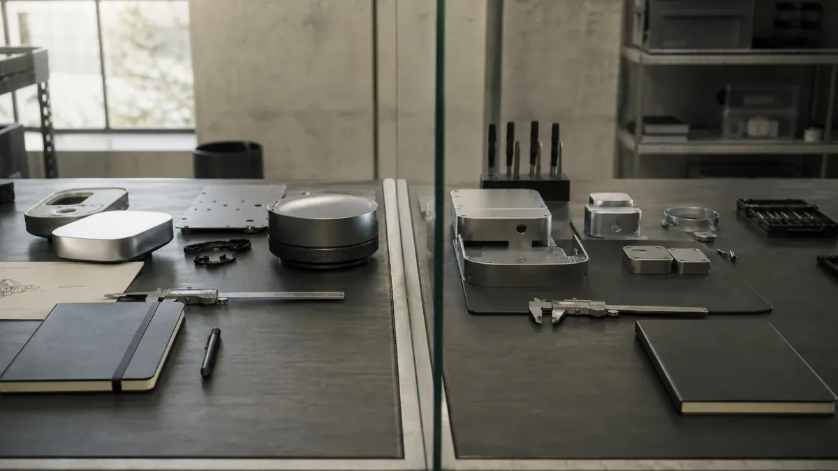 Two separate hardware prototype workbenches divided by glass