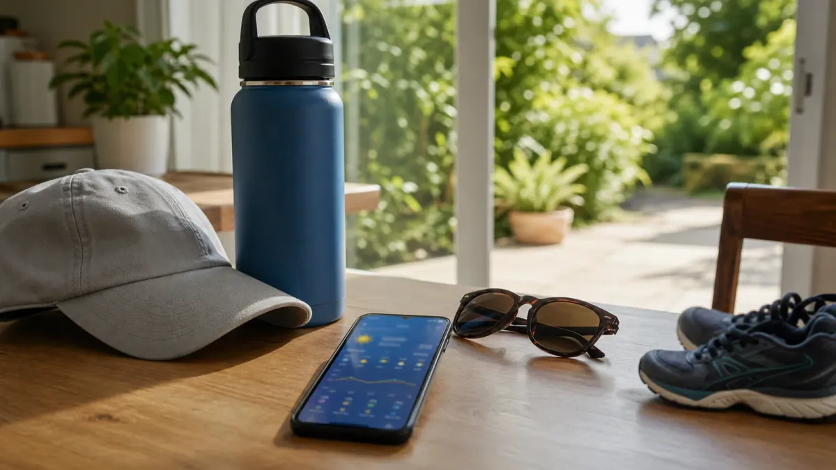 Water bottle, cap, sunglasses and running shoes beside a phone with a weather forecast on a sunny table