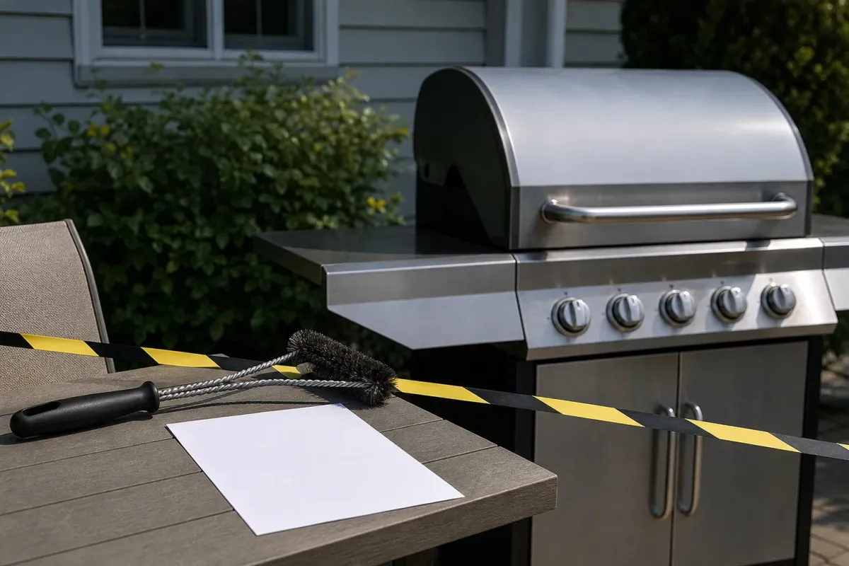 A gas grill and wire grill brush on a patio table beside a blank recall notice