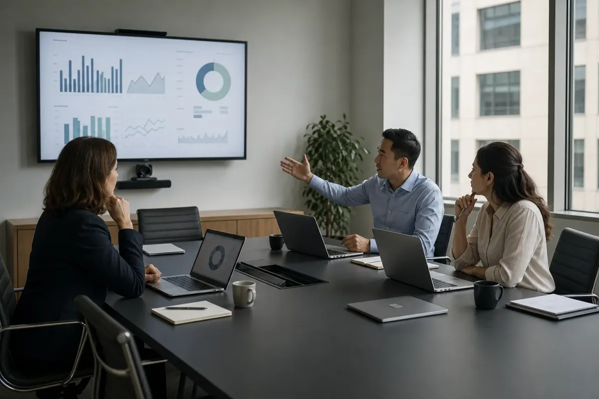 A small consulting team reviews abstract charts in a modern meeting room