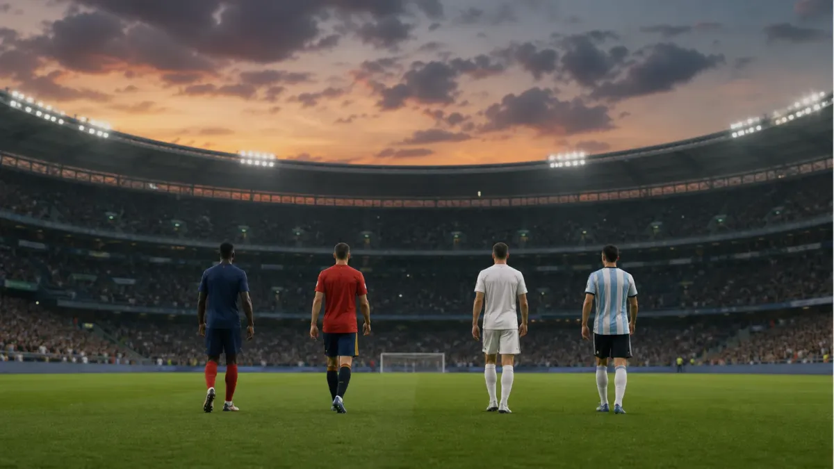 Four non-identifying soccer players in a stadium representing the World Cup semifinalists.