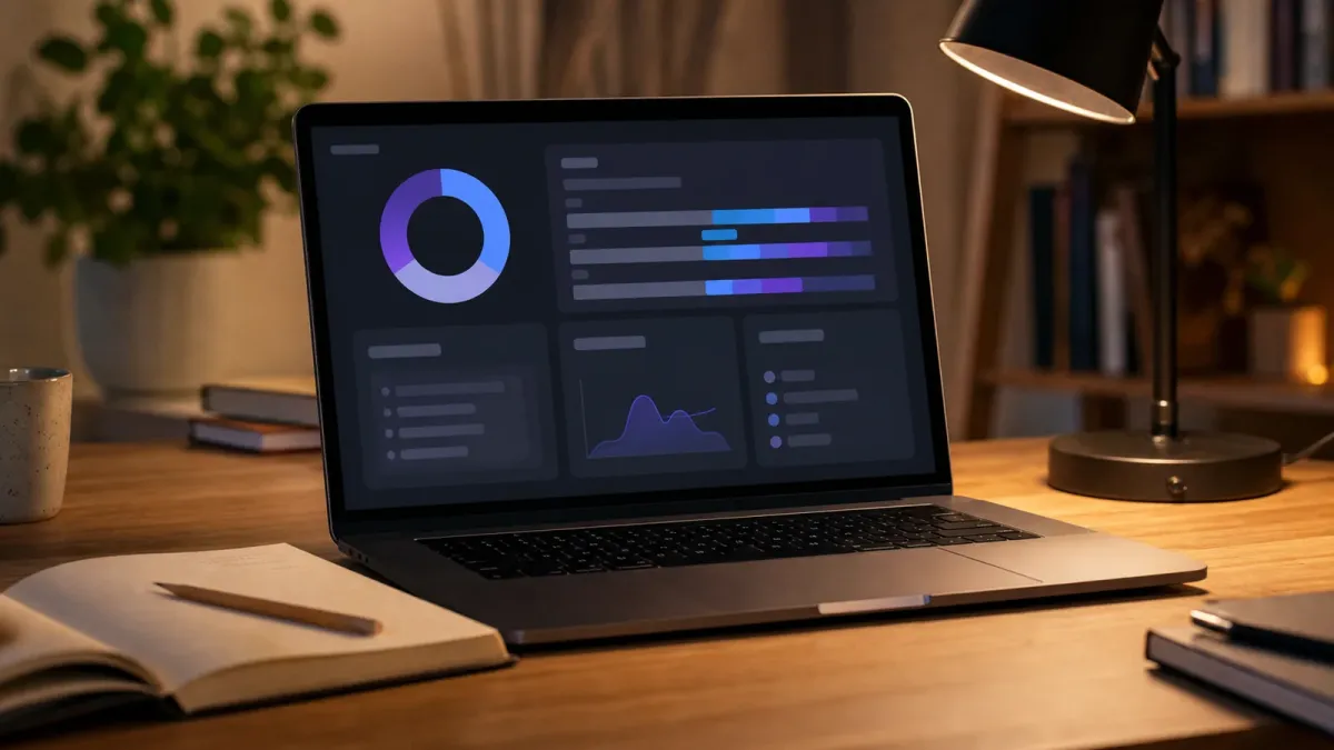 Laptop on a desk showing an abstract usage dashboard.