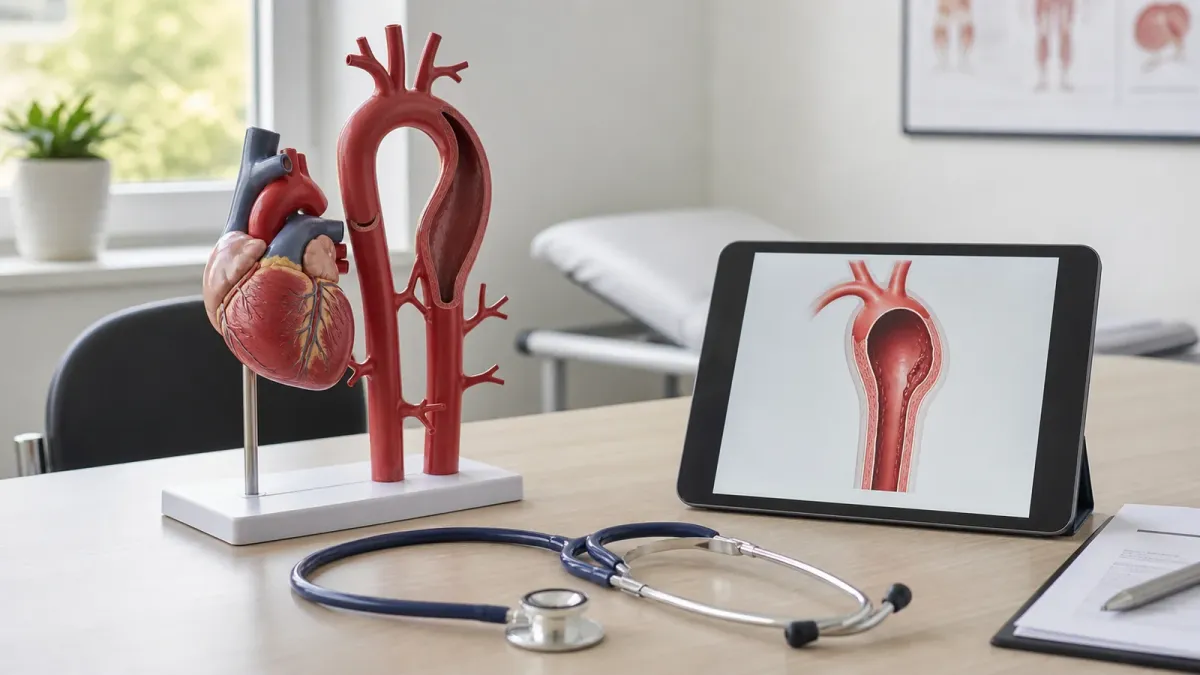 A medical consultation desk with a heart and aorta model, stethoscope, and tablet illustration of an artery