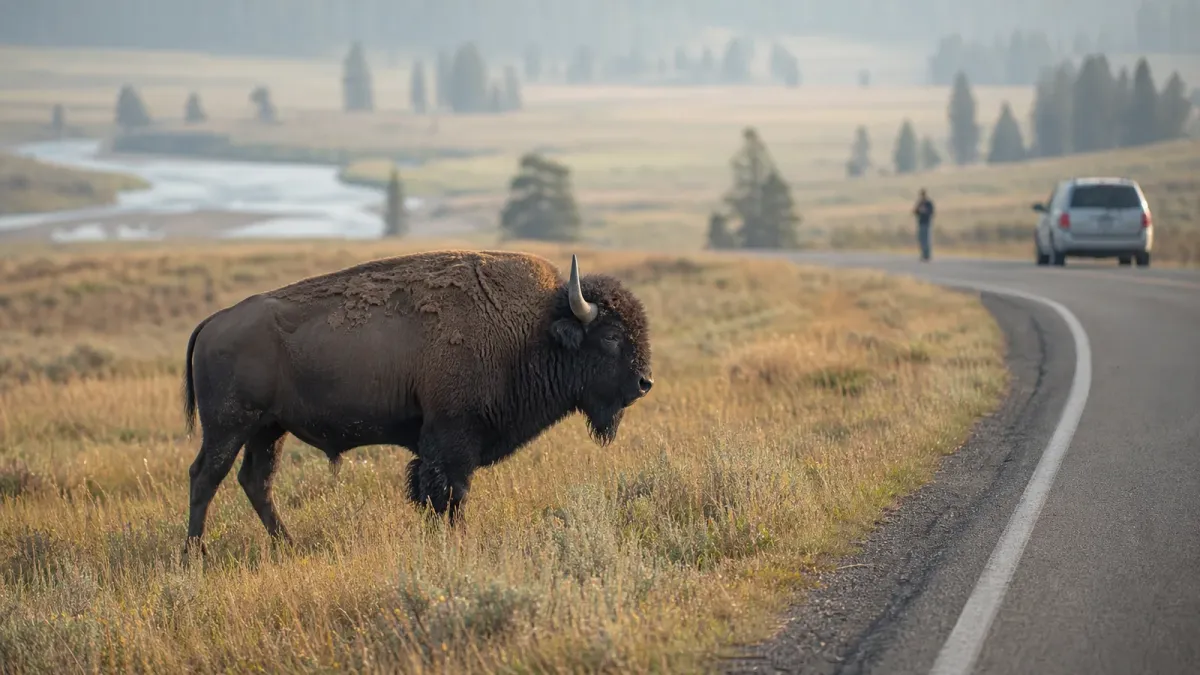 A bison standing near a park road with visitors and a vehicle far in the background