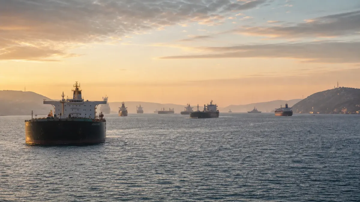 Cargo ships and tankers moving through a hazy coastal strait at sunrise