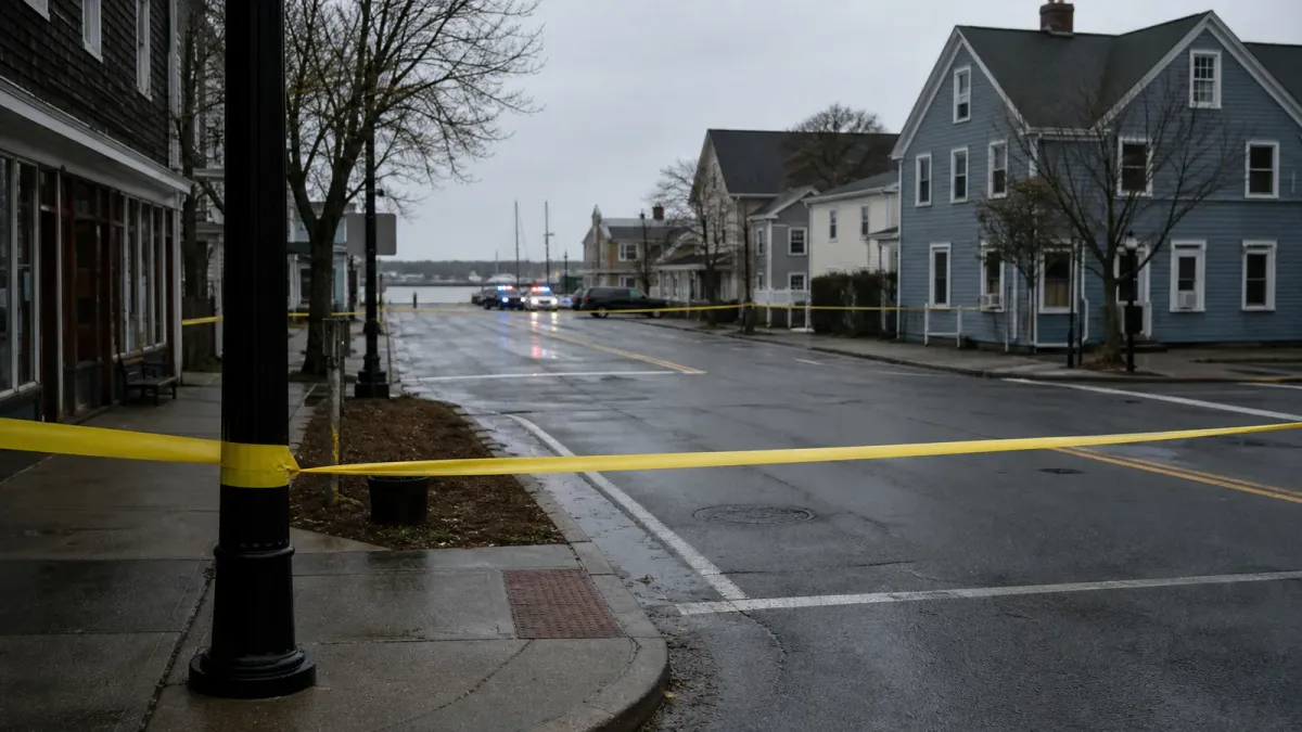 A quiet coastal street blocked by plain yellow barrier tape after a law-enforcement investigation