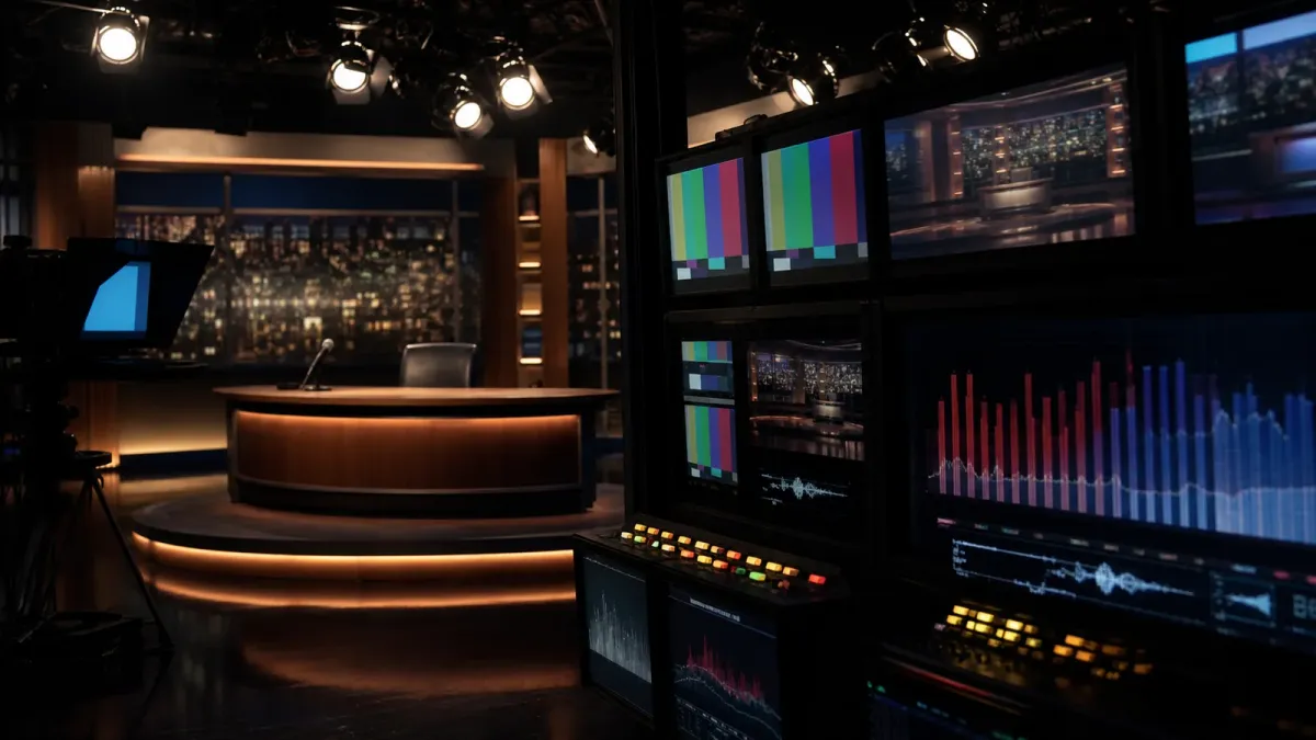 An empty late-night studio desk seen from a television control room