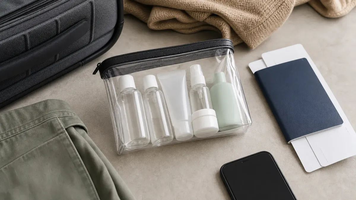 A clear toiletry bag with travel-size bottles beside carry-on luggage and travel documents