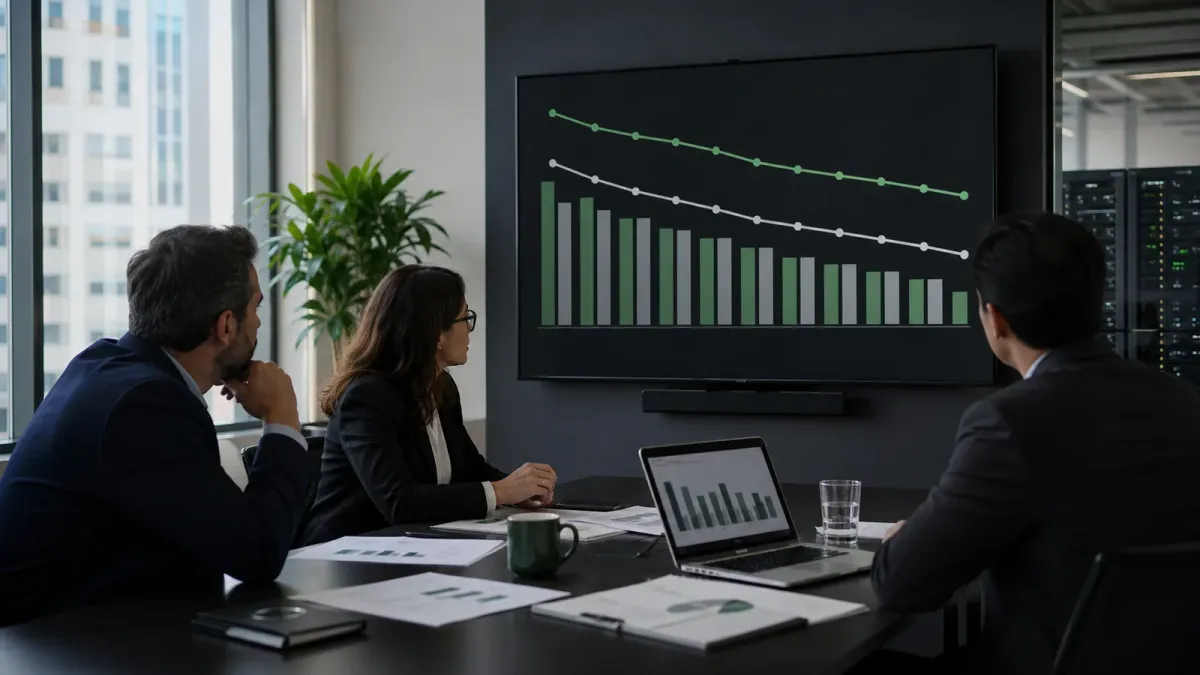 A corporate finance team reviewing operating costs and AI software expenses