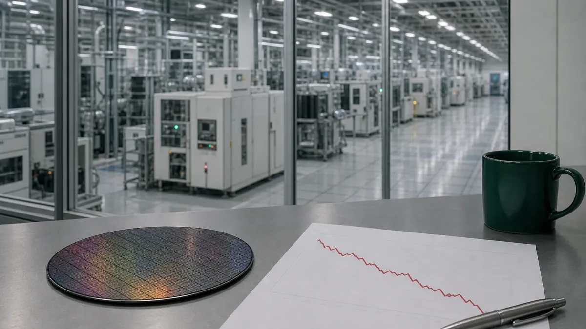 A silicon wafer and a falling red market chart on a desk overlooking a semiconductor factory