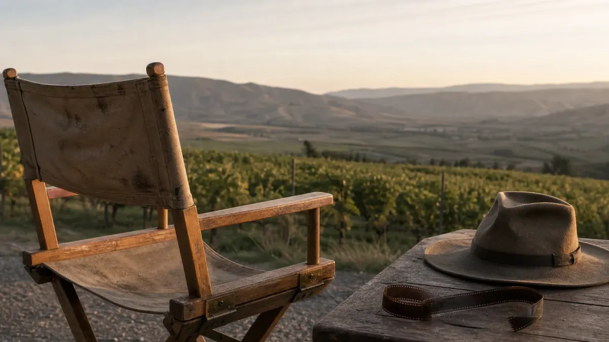 An empty director’s chair and wide-brimmed hat overlooking a vineyard at sunrise