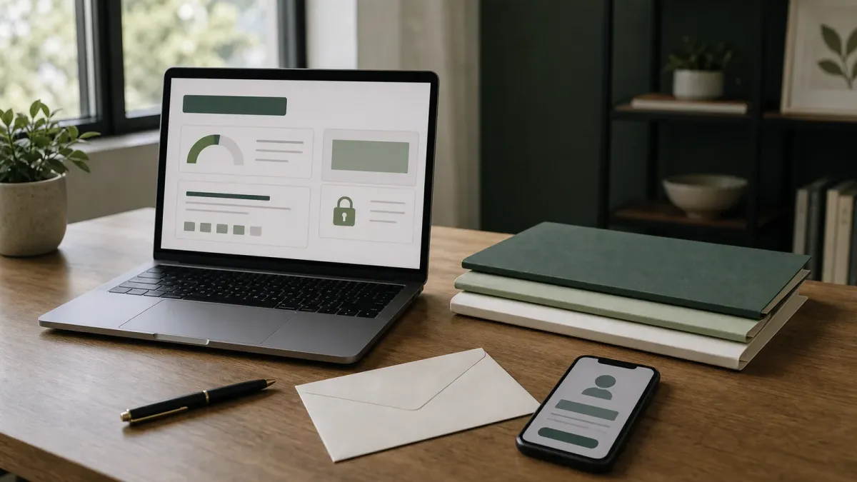 Laptop with a generic credit dashboard beside a phone, paper folders and an envelope on a home-office desk