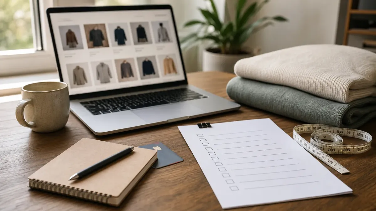 A laptop shopping page beside a budget checklist, folded clothes and a credit card on a desk