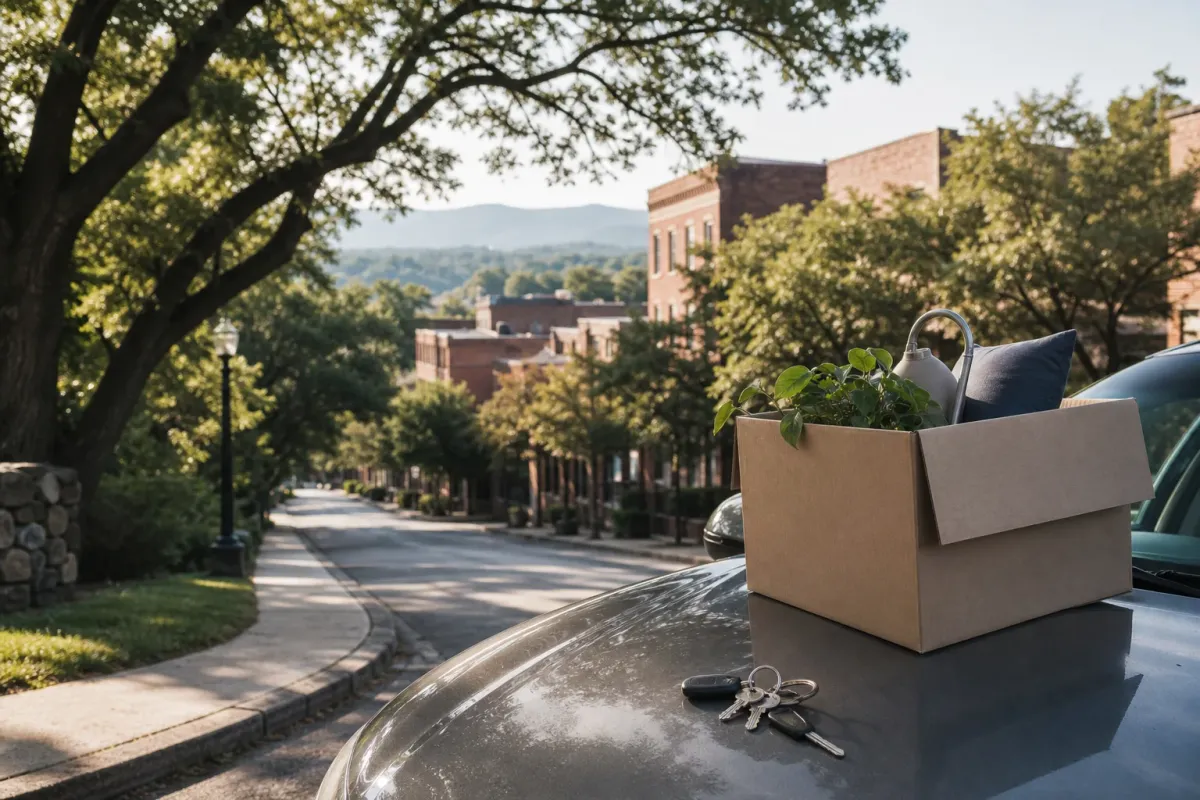 Moving box and house keys on a car overlooking a leafy North Carolina town