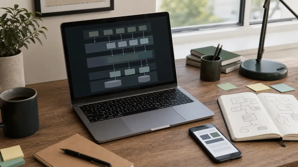 A developer desk with an abstract layered software architecture diagram on a laptop
