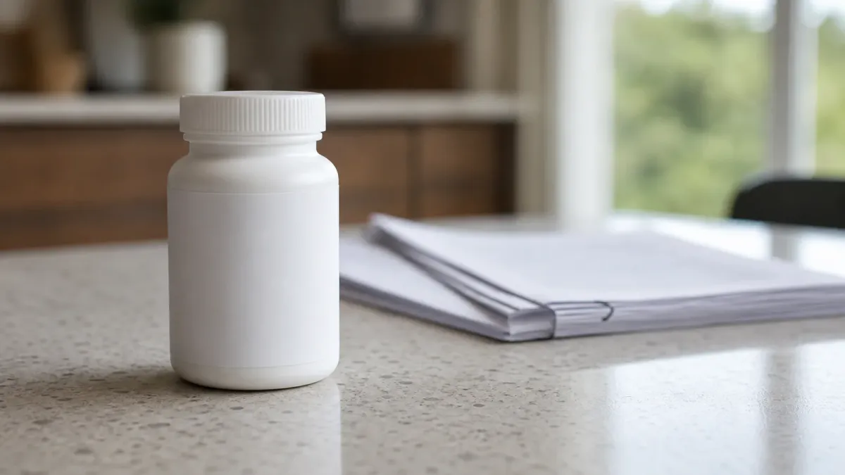 Unbranded medicine bottle beside court papers on a kitchen counter