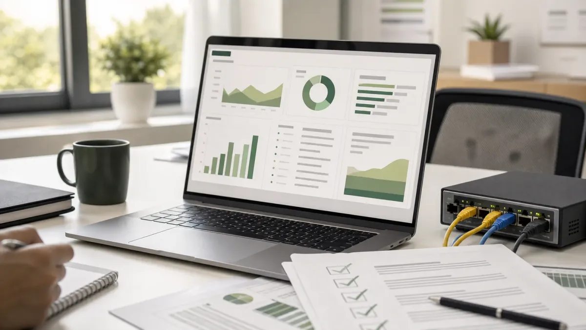 A laptop security dashboard, office router and printed checklist on a clean desk