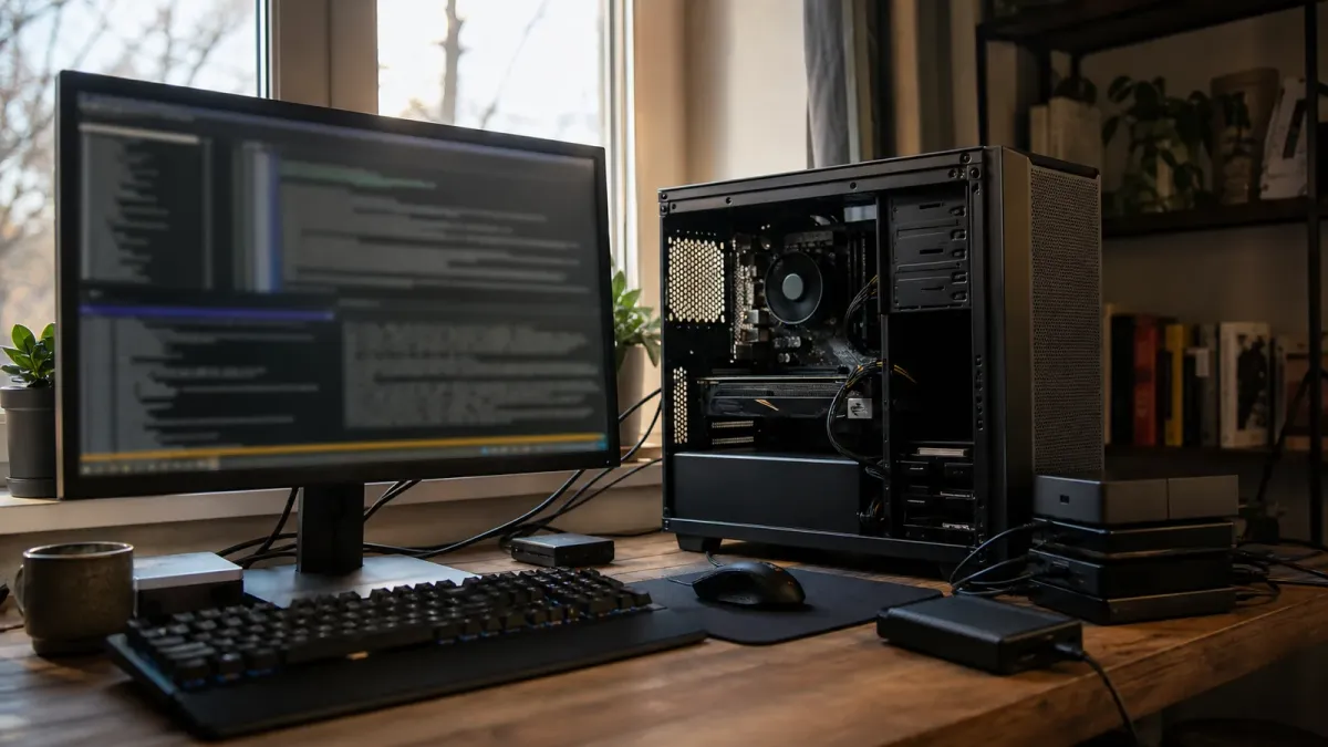 An open consumer desktop computer beside a monitor and external storage drives in a home office