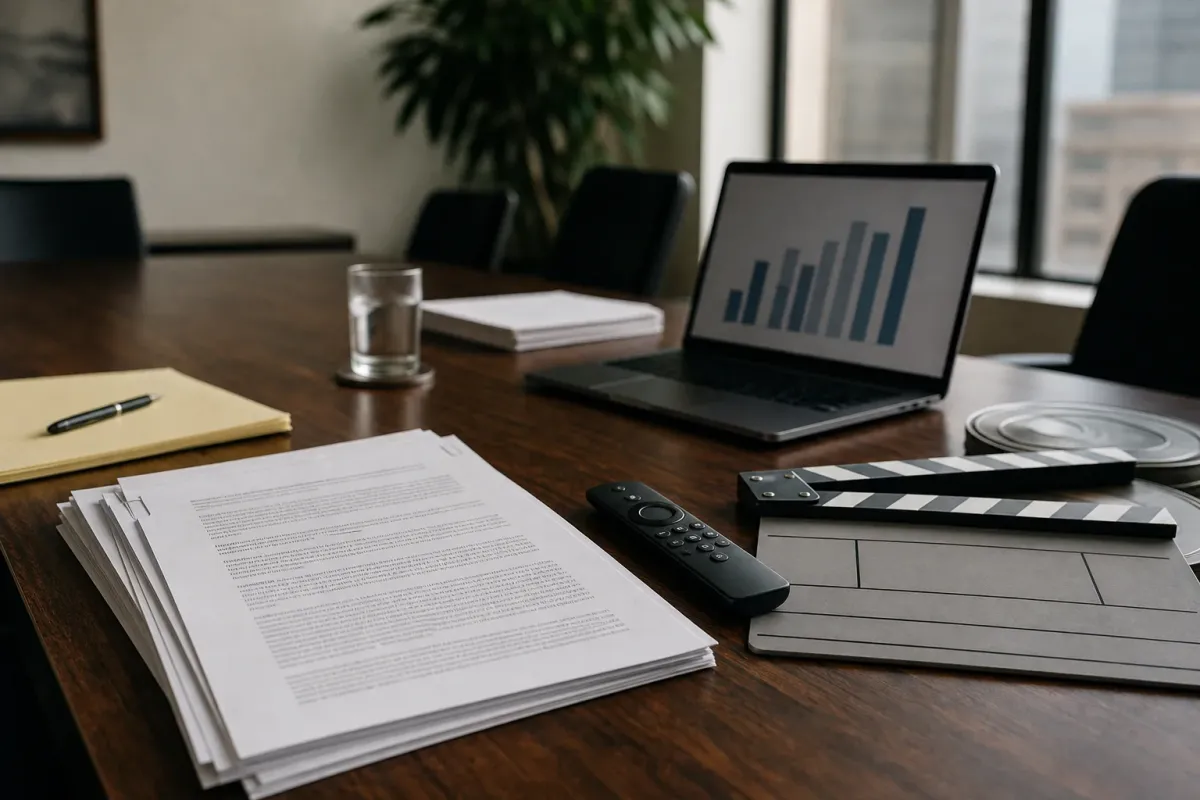 A conference-room table with legal papers, a streaming remote, a film slate, and an unbranded chart on a laptop