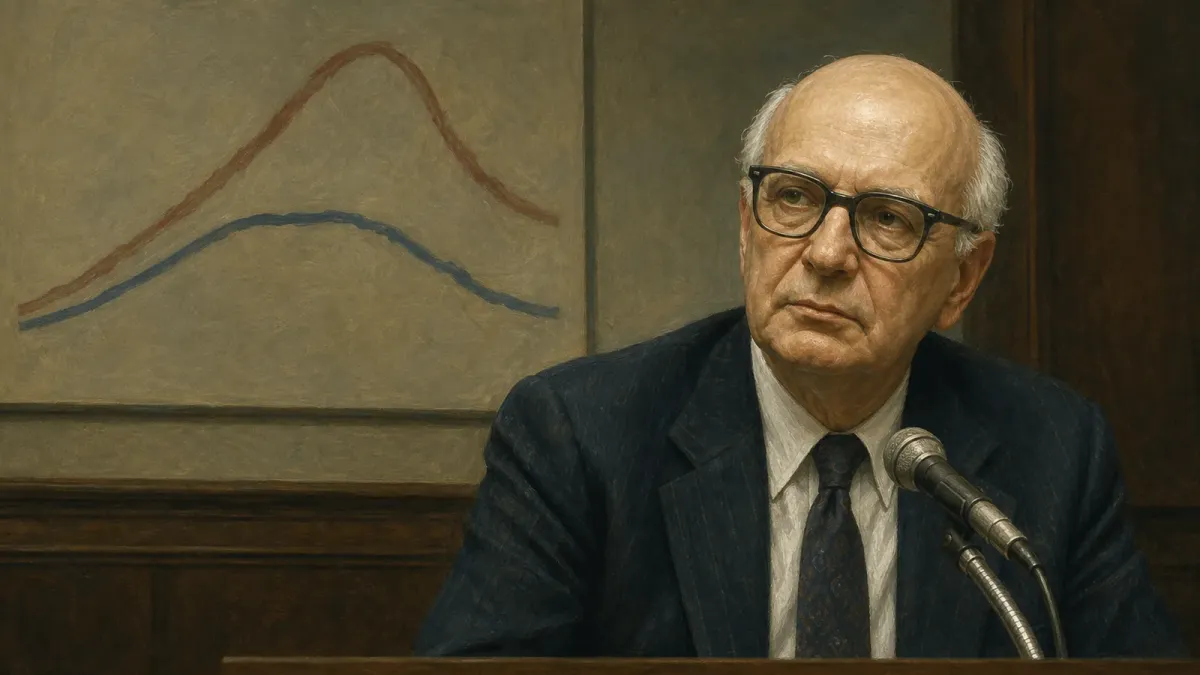 Editorial illustration of Paul Volcker at a hearing microphone with two unlabeled economic curves behind him