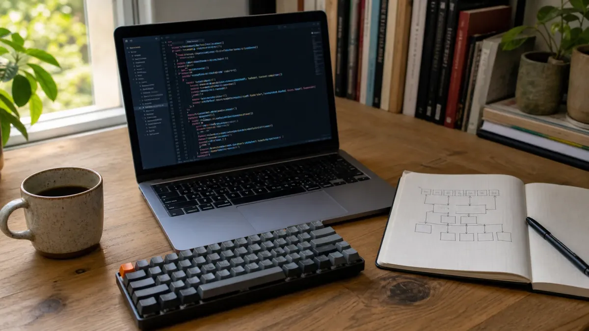 Laptop, keyboard and notebook with a hand-drawn neural network diagram on a home desk