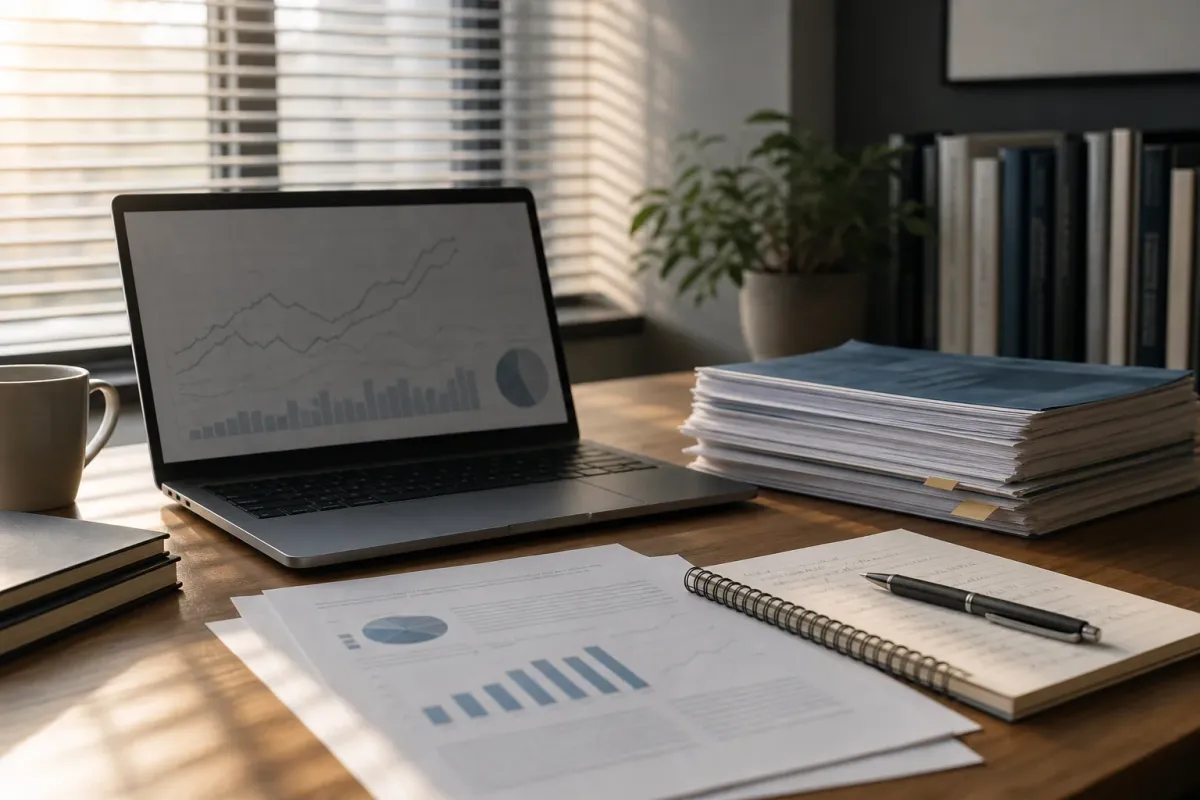 A laptop with abstract economic charts beside printed reports and notes on an office desk