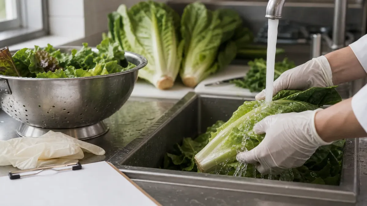 Leafy greens being rinsed in a kitchen sink as part of food safety preparation