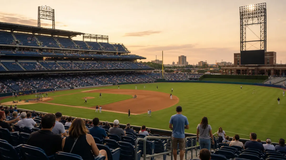 A summer evening baseball stadium scene with fans in the stands before a game.