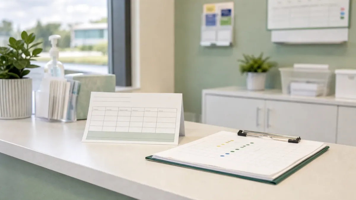 A quiet clinic desk with blank health forms and a clipboard chart.