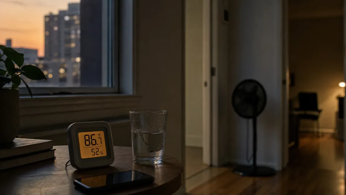 A thermometer, glass of water and fan in a warm apartment at dusk