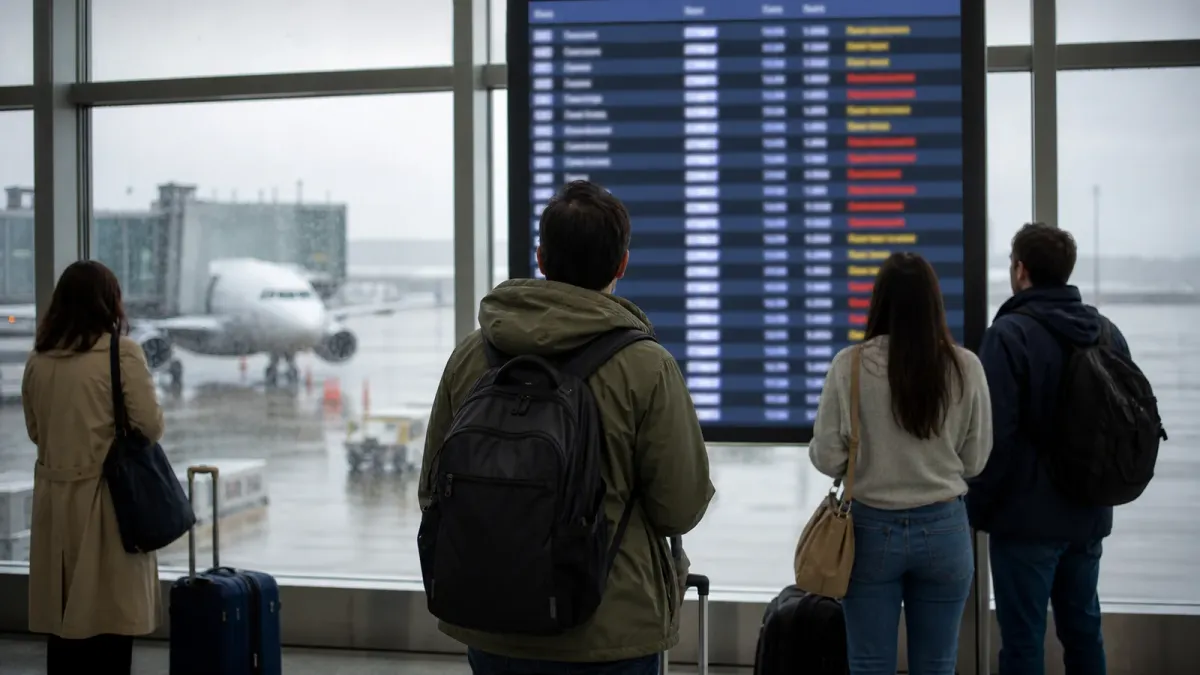 Travelers look at a blurred airport departures board during rainy weather
