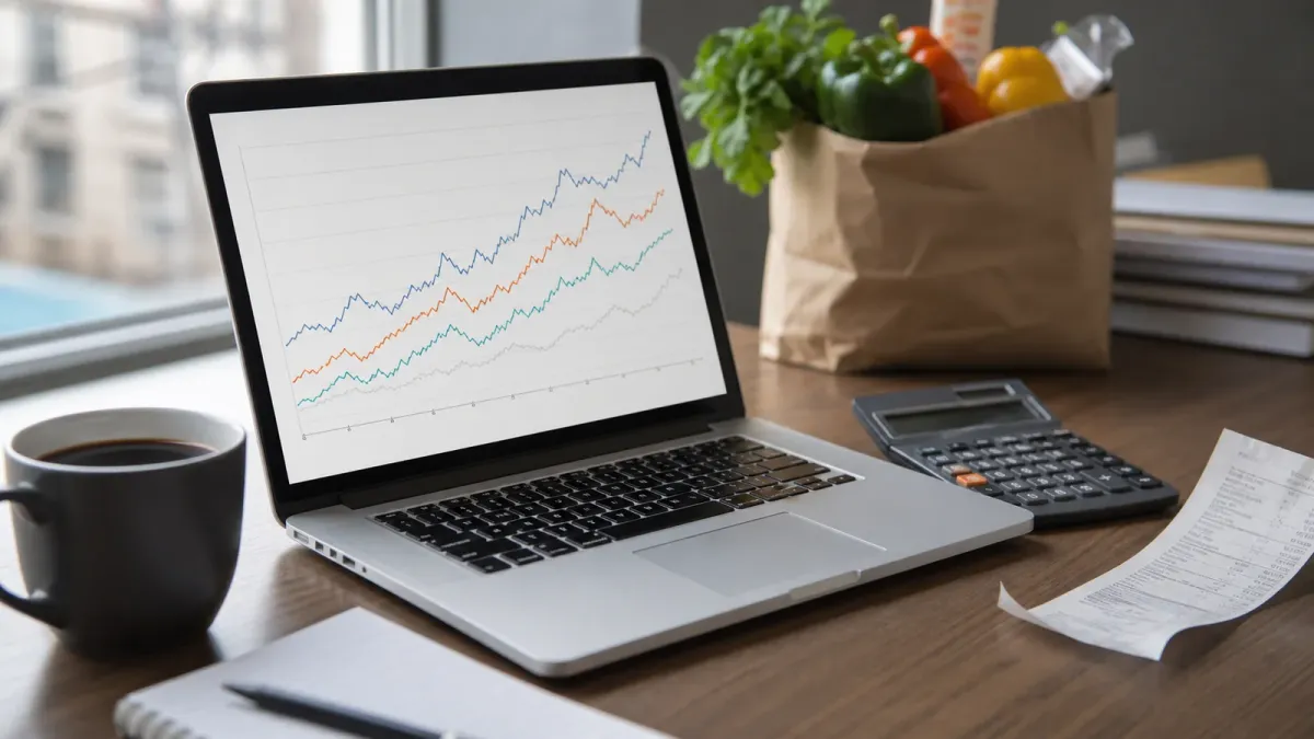 Laptop with an abstract price chart beside groceries, a calculator, and a receipt