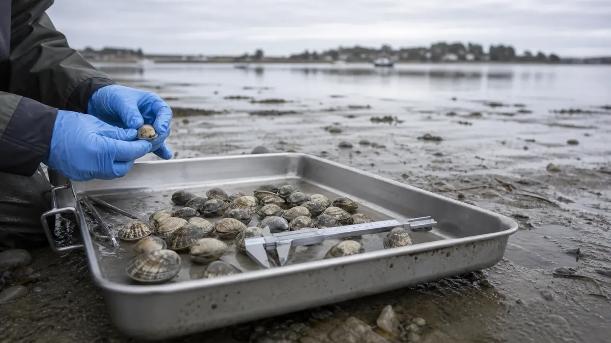 A research tray with clam shells and calipers on a wet New England tidal flat