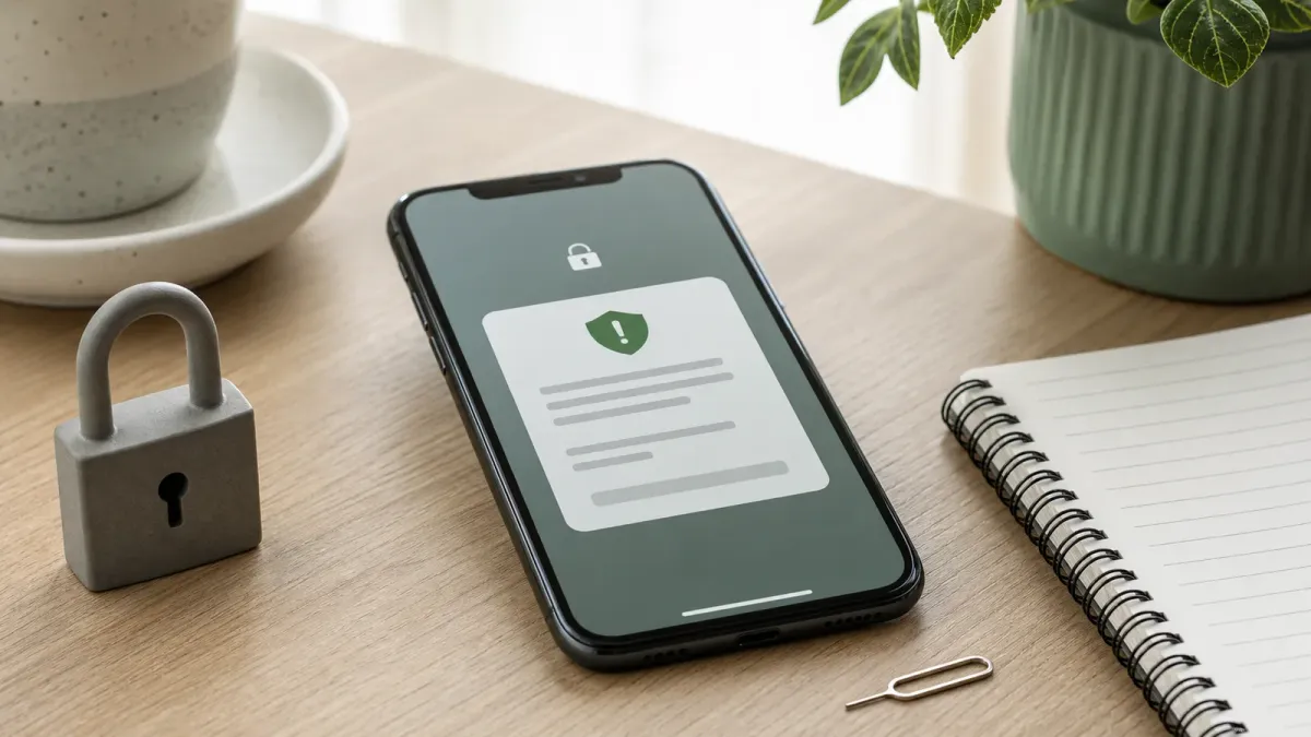 A smartphone security notice beside a small lock and a notebook on a desk