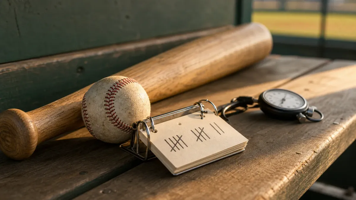 A baseball, bat, stopwatch and tally card on a dugout bench