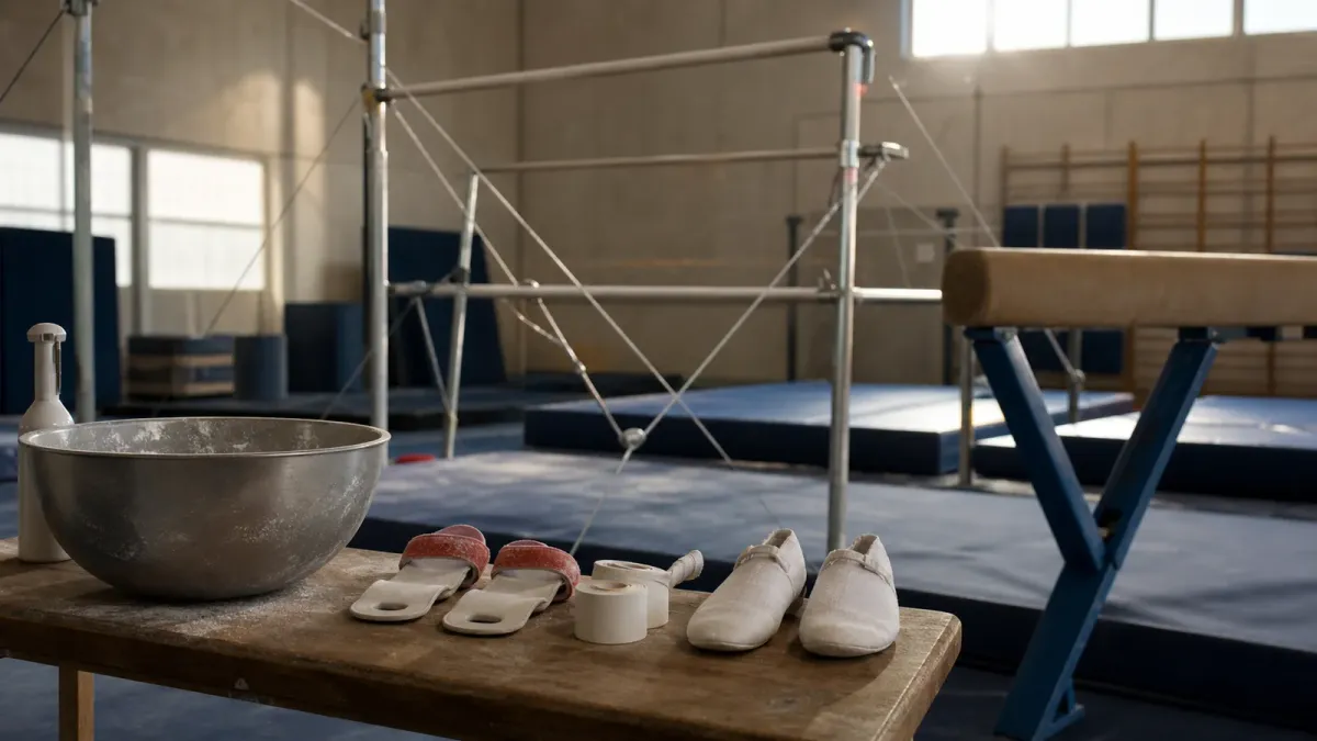 Gymnastics equipment, chalk and training shoes arranged inside a quiet practice gym