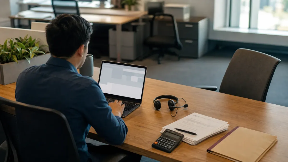 An office worker using a laptop beside a headset, paperwork and an empty chair